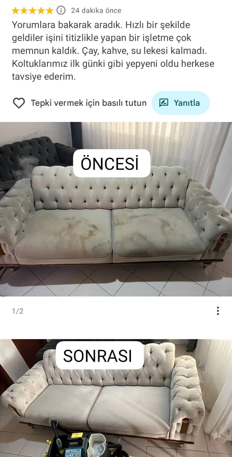 Koltuk Yıkama Öncesi Sonrası Müşteri Yorumu