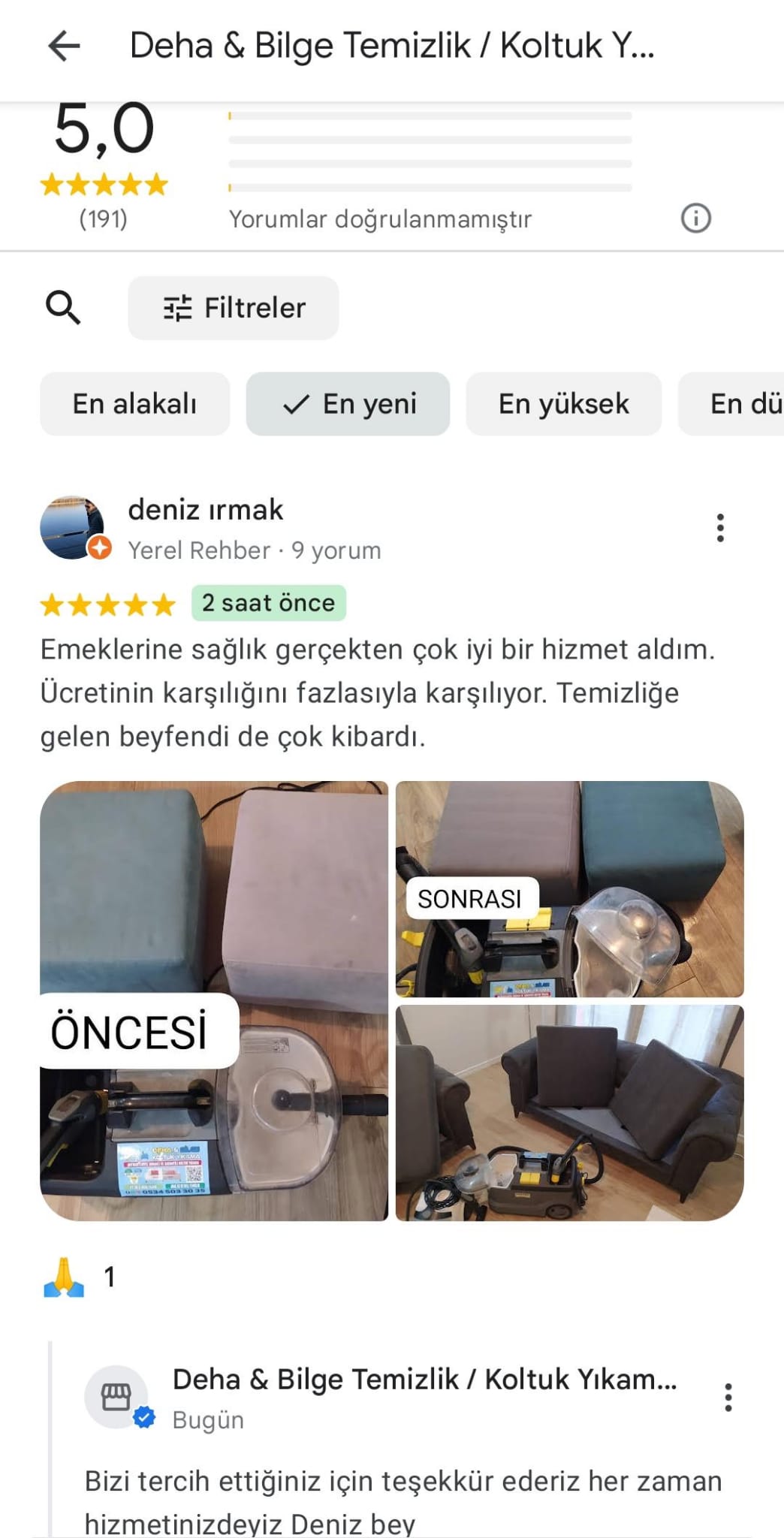 Koltuk Yıkama Müşteri Yorumu